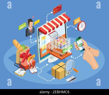 Shopping online con il diagramma di flusso del concept smartphone poster isometrico di e-commerce con illustrazione vettoriale del servizio di chat dell'assistenza clienti Illustrazione Vettoriale