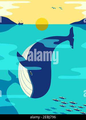 Blue Whale in oceano minimalista poster vettoriale a colori piatto Illustrazione Vettoriale