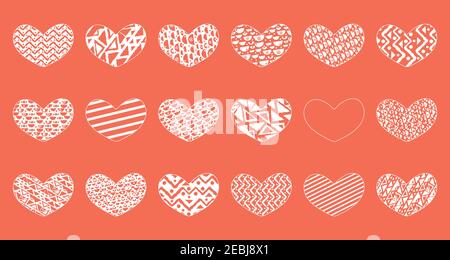 Insieme di diciotto cuori vettoriali rosa con motivi diversi. Gli oggetti possono essere utilizzati per adesivi, cartoline, nastri a motivi geometrici per scrapbooking. Tema del giorno di San Valentino. Linee, quadrati, cuori, forme sagomate Illustrazione Vettoriale