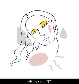 Disegno a linea frontale, un ritratto a linea continua. Faccia surreale, illustrazione vettoriale. Moderno disegno lineart di donna per l'arredamento Illustrazione Vettoriale
