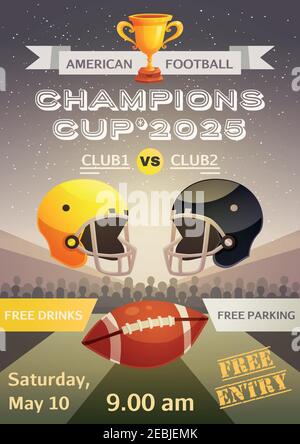 Poster americano dello sport calcistico con la pubblicità della partita tra gli sport illustrazione vettoriale flat dei club e della data dell'evento Illustrazione Vettoriale