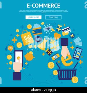 E-commercse online store banner flat design con carrello e le icone degli articoli di vendita illustrazione vettoriale Illustrazione Vettoriale