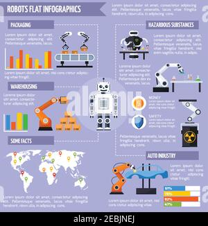 Set infografico robot con simboli di magazzino e confezionamento vettore piano illustrazione Illustrazione Vettoriale