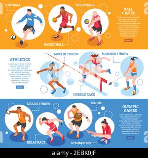 Striscioni orizzontali isometriche per sportivi con giocatori ed atleti di diverso tipo tipi di illustrazione vettoriale sport isolato Illustrazione Vettoriale