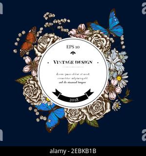 Badge sopra il design con iris japonica, gypsofila, camomilla, mandorla, Menelaus blue morfo, blue morfo, lacewing rosso, rose Illustrazione Vettoriale