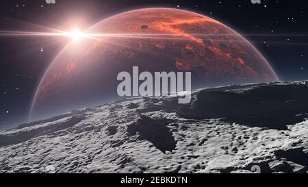 Vista di Marte dalla superficie lunare di Phobos, illustrazione 3D Foto Stock