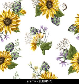 Motivo senza cuciture con girasoli, carciofi e fiori selvatici . Illustrazione vettoriale. Illustrazione Vettoriale