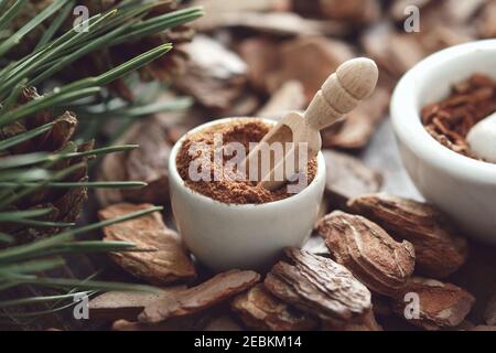 Mortaio di corteccia di pino in polvere, rami di pino e corteccia di pino secco su tavola di legno. Foto Stock