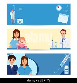 Impostare banner vaccinazioni bambini. Madre e bambino a un appuntamento pediatra. Sito web vaccinazione di routine dei bambini. Illustrazione vettoriale in piano st Illustrazione Vettoriale