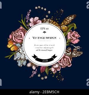 Badge sopra il design con borsetta pastorello s, erica, iris japonica, sakura, gypsophila, mandorla, farfalla limone, coda di rondine gigante africano, tigre pianura Illustrazione Vettoriale