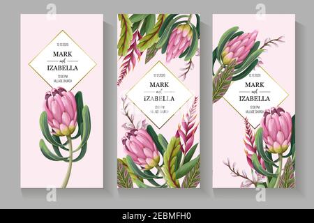 Invito al matrimonio con foglie, protea, fiori tropicali ed elementi dorati in stile acquerello Illustrazione Vettoriale