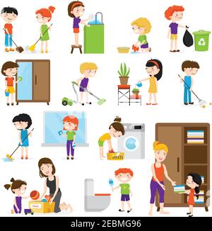 Set di cartoni animati colorati con i bambini che puliscono le camere e li aiutano mums isolato su sfondo bianco illustrazione vettoriale Illustrazione Vettoriale