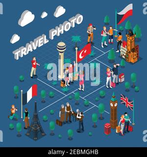 Turismo persone composizione isometrica con i viaggiatori famiglia fotografando vicino diverso monumenti famosi illustrazione vettoriale Illustrazione Vettoriale