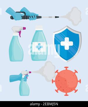 confezione da sei disinfettanti per il cofid19 icone set Illustrazione Vettoriale