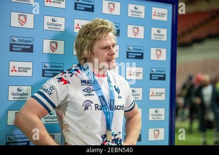 Gloucester, Regno Unito. 12 Feb 2021. DAN THOMAS n. 7 di Bristol Bears viene insignito del giocatore della partita al Kingsholm Stadium di Gloucester, Regno Unito, il 12/2021. (Foto di Gareth Dalley/News Images/Sipa USA) Credit: Sipa USA/Alamy Live News Foto Stock