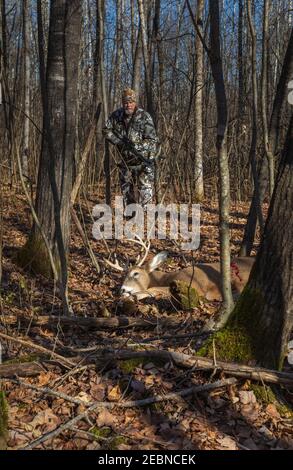 Il cacciatore di crossbow si avvicina alla sua uccisione nel Wisconsin settentrionale. Foto Stock