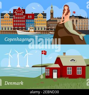 Danimarca composizioni di stile piatto con edifici bandiera nazionale mare e. turbine eoliche famosa sirena isolato vettore illustrazione Illustrazione Vettoriale
