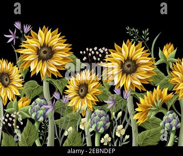 Bordo con bouquet di girasoli, carciofo e fiore selvatico. Illustrazione vettoriale Illustrazione Vettoriale