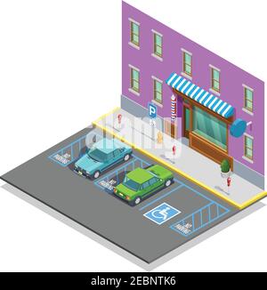Zona di parcheggio modello isometrico con auto vuote nei pressi di un parcheggio disabilitato illustrazione vettoriale della costruzione Illustrazione Vettoriale