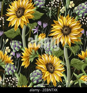 Motivo senza cuciture con girasoli, carciofi e fiori selvatici . Illustrazione vettoriale. Illustrazione Vettoriale