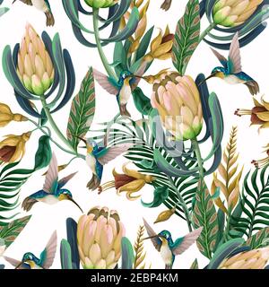 Motivo senza cuciture con colibrì, protea e fiori tropicali. Stampa vettoriale trendy. Illustrazione Vettoriale