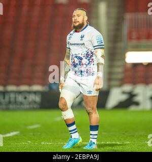 Gloucester, Regno Unito. 12 Feb 2021. NATHAN HUGHES n. 8 di Bristol Bears a Gloucester, Regno Unito il 2/12/2021. (Foto di Gareth Dalley/News Images/Sipa USA) Credit: Sipa USA/Alamy Live News Foto Stock