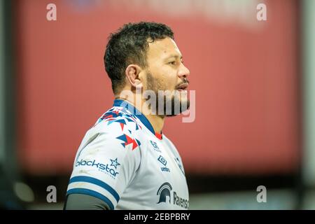 Gloucester, Regno Unito. 12 Feb 2021. CHARLES PIUTAU n. 15 di Bristol Bears a Gloucester, Regno Unito il 12/2021. (Foto di Gareth Dalley/News Images/Sipa USA) Credit: Sipa USA/Alamy Live News Foto Stock