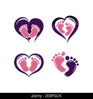 Logo dei piedi del bambino. Icona del piede del bambino. Icona della mano madre e dei piedi del bambino. Logo per la cura dei bambini.EPS 10 Illustrazione Vettoriale