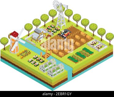 Fattoria colorata isometrica con progetto di fattoria in scavo di processo di piantatura l'illustrazione del vettore di terra Illustrazione Vettoriale