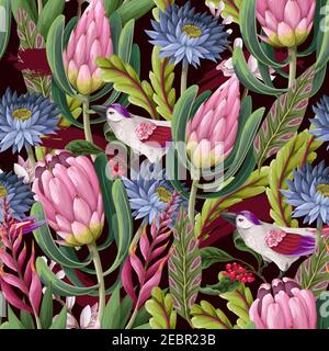 Motivo senza cuciture con protea, fiori tropicali e uccelli . Stampa vettoriale floreale alla moda. Illustrazione Vettoriale