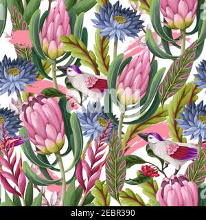 Motivo senza cuciture con protea, fiori tropicali e uccelli . Stampa vettoriale floreale alla moda. Illustrazione Vettoriale