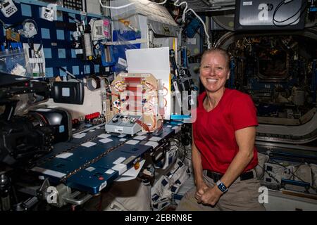 Astronauta e spedizione della NASA 64 l'ingegnere del volo Shannon Walker studia come gestire miscele di fluidi e gas all'interno di strutture di forme specifiche per la dimostrazione tecnologica di strutture capillari a bordo della Stazione spaziale Internazionale 4 febbraio 2021 a Earth Orbit. Foto Stock