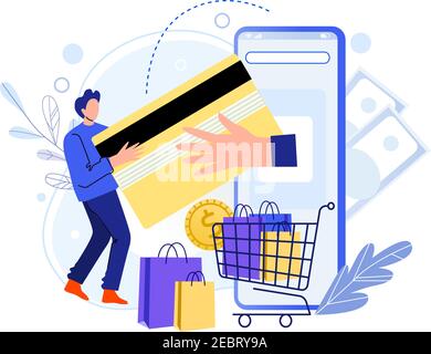Acquista nel negozio online con smartphone, carta a pagamento Illustrazione Vettoriale