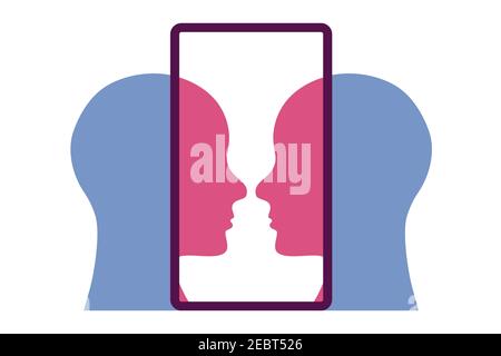 Logo del concetto astratto della videochiamata. Due persone che parlano faccia a faccia. Immagine di due persone che parlano sullo schermo di uno smartphone, ritagliate il vettore. Illustrazione Vettoriale