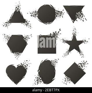 Telai di esplosione. Forme di distruzione astratte, striscioni texture frantumate. Serie di illustrazioni vettoriali con figure geometriche esplose rotte Illustrazione Vettoriale