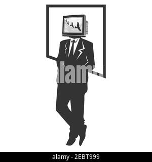 Uomo con testa televisiva in concetto di dipendenza televisiva in stile bianco e nero. Illustrazione vettoriale EPS.8 EPS.10 Illustrazione Vettoriale