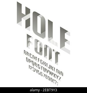 Alfabeto isometrico a fori. Caratteri 3d, lettere e numeri profondi nella superficie. Tipografia caratteri latini abc simboli vettoriali set Illustrazione Vettoriale