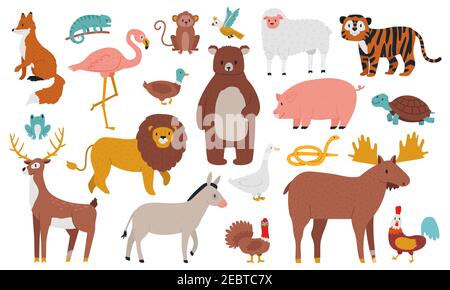 Animali carini. Legno, fattoria e animali della giungla, volpe, leone, orso, alci, cervi, tigre e nave. Fauna selvatica foresta animali cartoon vettore illustrazione set Illustrazione Vettoriale