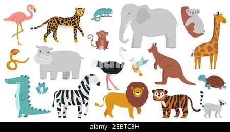 Carino animali africani. Legno, giungla o savana animali, leopardo, giraffe, ippopotamo, coccodrillo e zebra. Illustrazione vettoriale degli animali selvatici o dello zoo Illustrazione Vettoriale
