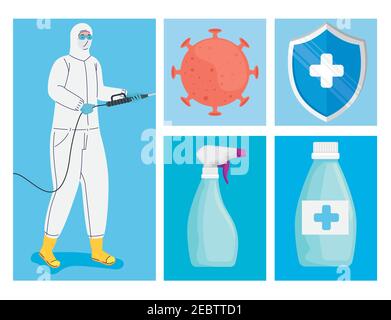 confezione da cinque disinfettanti per il cofid19 icone set Illustrazione Vettoriale