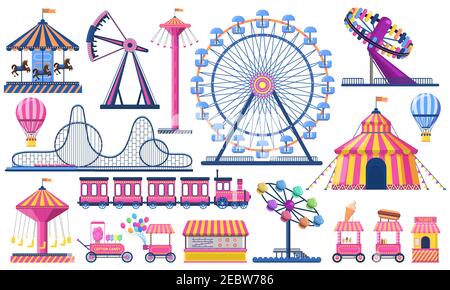 Parco divertimenti. Circus festival tenda, montagne russe, treno, ruota ferris e carosello. Set di illustrazioni vettoriali per bambini Illustrazione Vettoriale