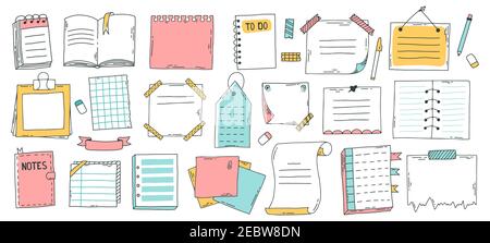 Foglio di carta Doodle. Appunti di schizzo disegnati a mano, fogli di giornale bullet, note adesive e pagina del blocco note. Set di illustrazioni vettoriali dei fogli di doodle dello schizzo Illustrazione Vettoriale
