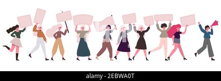 Donne manifestanti. Movimento femminile, attivisti femministe con striscioni e cartelli. Dimostrazione di tutela dei diritti delle donne insieme di illustrazioni vettoriali Illustrazione Vettoriale