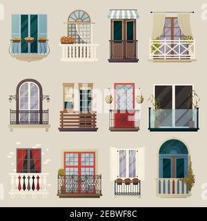 Idee di design esterno della casa con moderni balconi vintage e classici stile edificio facciata elementi collezione illustrazione vettoriale Illustrazione Vettoriale