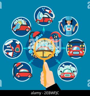 Composizione concettuale del lavaggio in auto con lente a mano che ingrandisce l'immagine rotonda di auto cartoon in sapone flakes illustrazione vettoriale Illustrazione Vettoriale