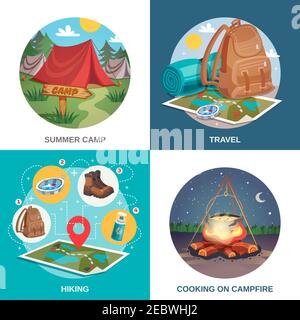 Camping design concept composizioni quadrate con tenda da viaggio disegnata immagini del campfire notturno dello zaino e illustrazione vettoriale della posizione Illustrazione Vettoriale