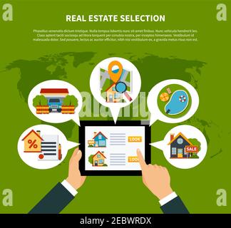 Progetto appartamento immobiliare selezione online concetto su sfondo verde con l'illustrazione vettoriale della mappa mondiale Illustrazione Vettoriale