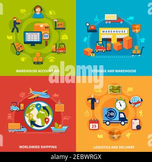 Set di quattro icone logistiche quadrate con contabilità di magazzino per la spedizione in tutto il mondo descrizione dei vettori di magazzino e di stoccaggio logistica e di consegna Illustrazione Vettoriale