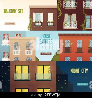 Tre banner balcone con vista frontale della casa cittadina immagini piatte con testo modificabile e illustrazione vettoriale del pulsante leggi tutto Illustrazione Vettoriale