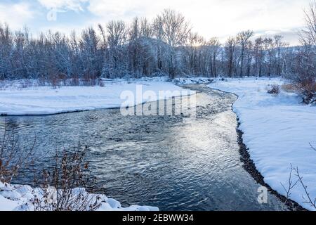 USA, Idaho, Bellevue, paesaggio invernale con Big Wood River Foto Stock